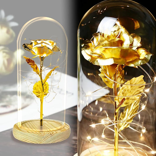 Dried flowersLed Enchanted Galaxy Rose Eternal 24k Gold Foil Flower With Fairy String Lights In Dome For Wedding Valentine's Day Gift Gold rose warm light