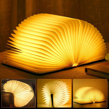 3 Color Led Book Shaped Light Lamp Wooden Folding Usb Rechargeable Book Light