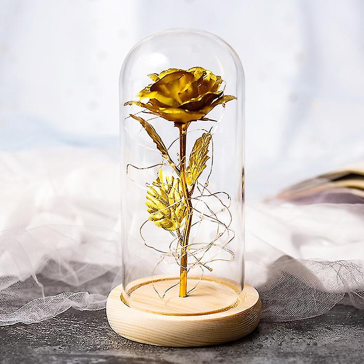 Dried flowersLed Enchanted Galaxy Rose Eternal 24k Gold Foil Flower With Fairy String Lights In Dome For Wedding Valentine's Day Gift Gold rose warm light