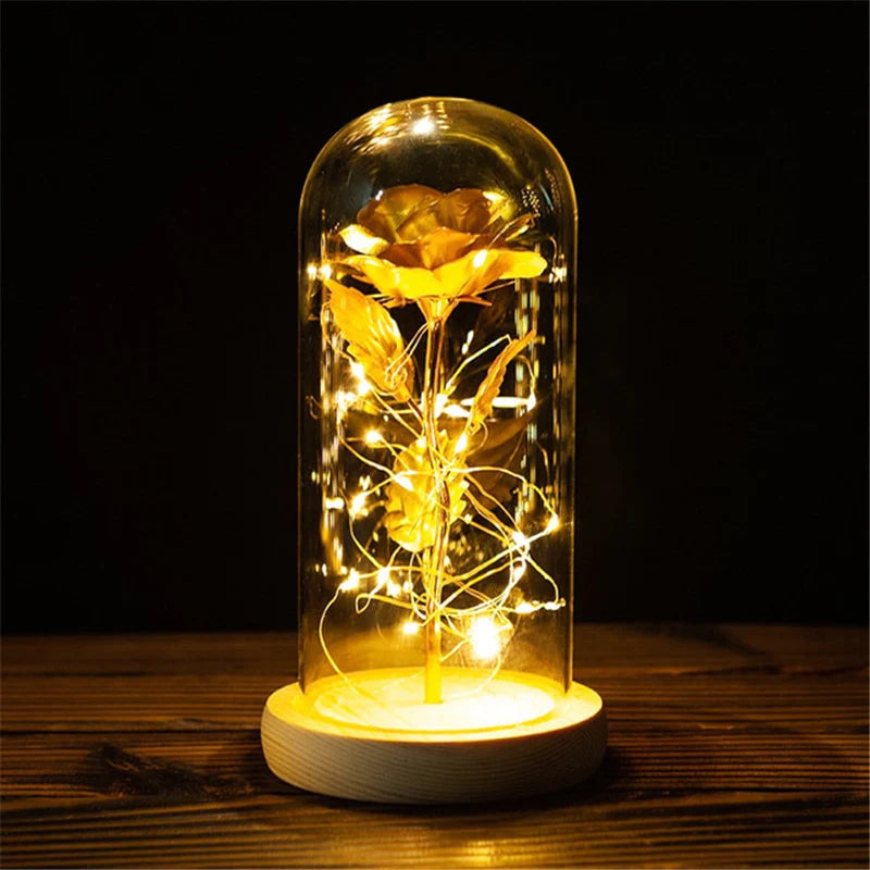 24K gold foil  Rose In Glass Dome with LED Lights