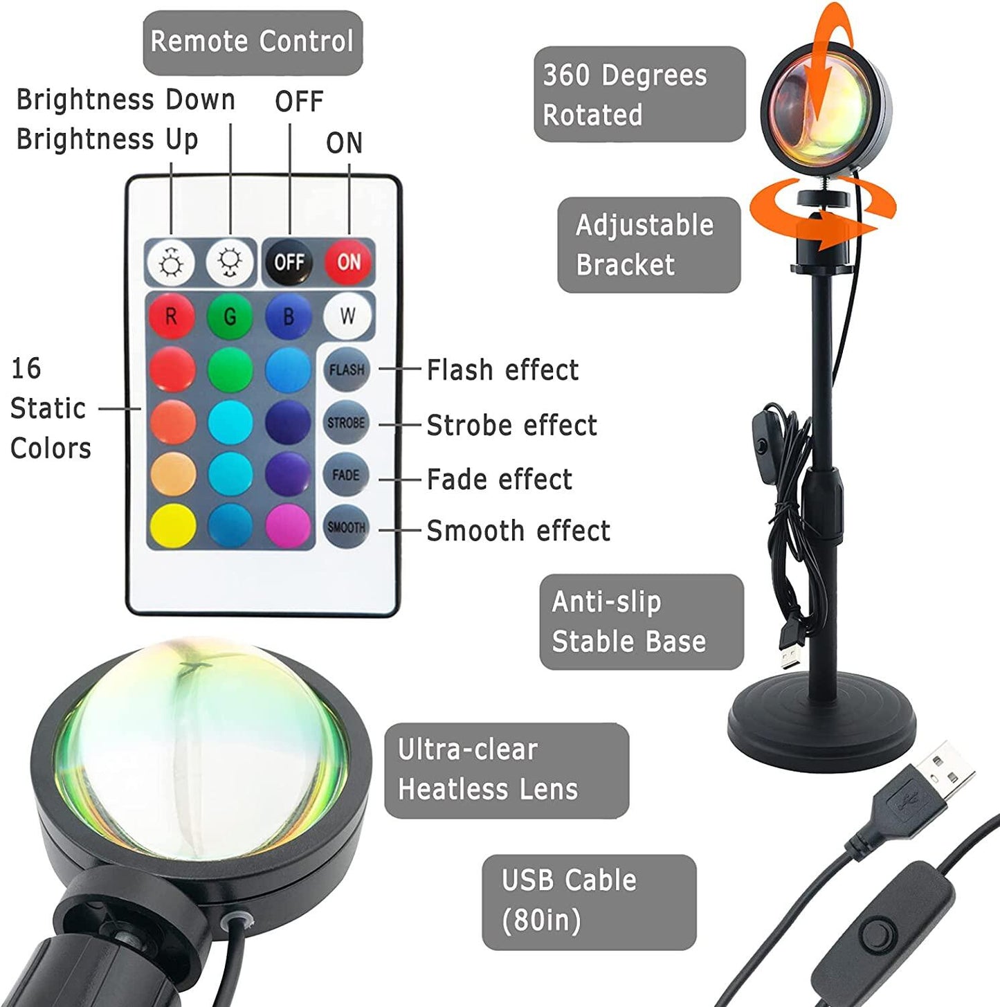 Remote Control RGB Sunset Lamp Projector 16 Colors Changing